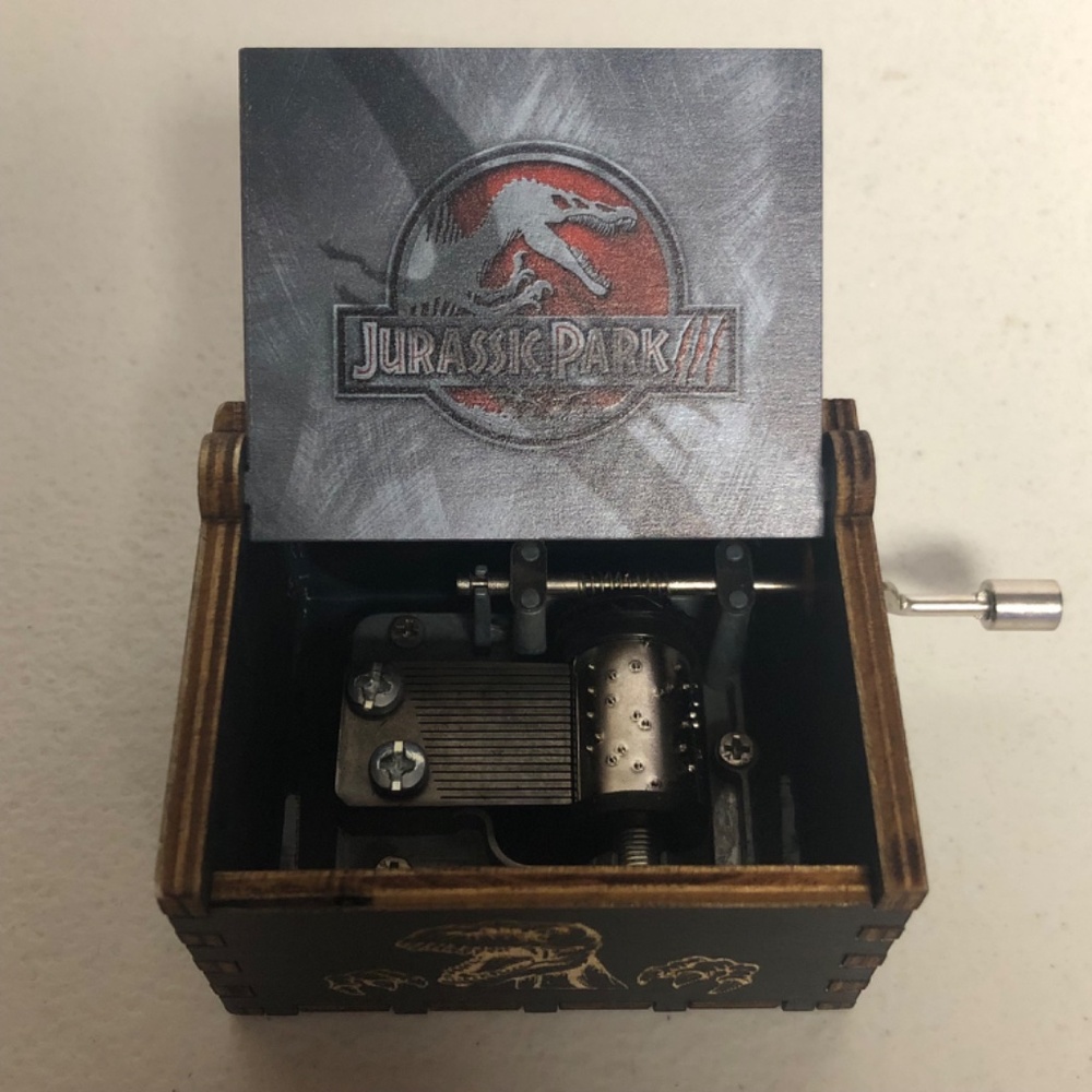 Jurassic Park Hand Crank Wooden Music Box Grey Black Movie 90s